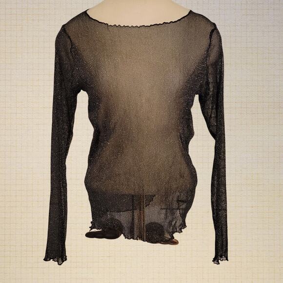 Sheer Black Lettuce Hem Glitter Mesh Top Hot Topic Large Stretchy Y2K Style - Picture 1 of 7